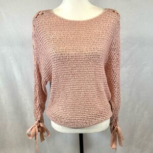 Light pink loose knit sweater w/ ribbon tie sleeves size medium
